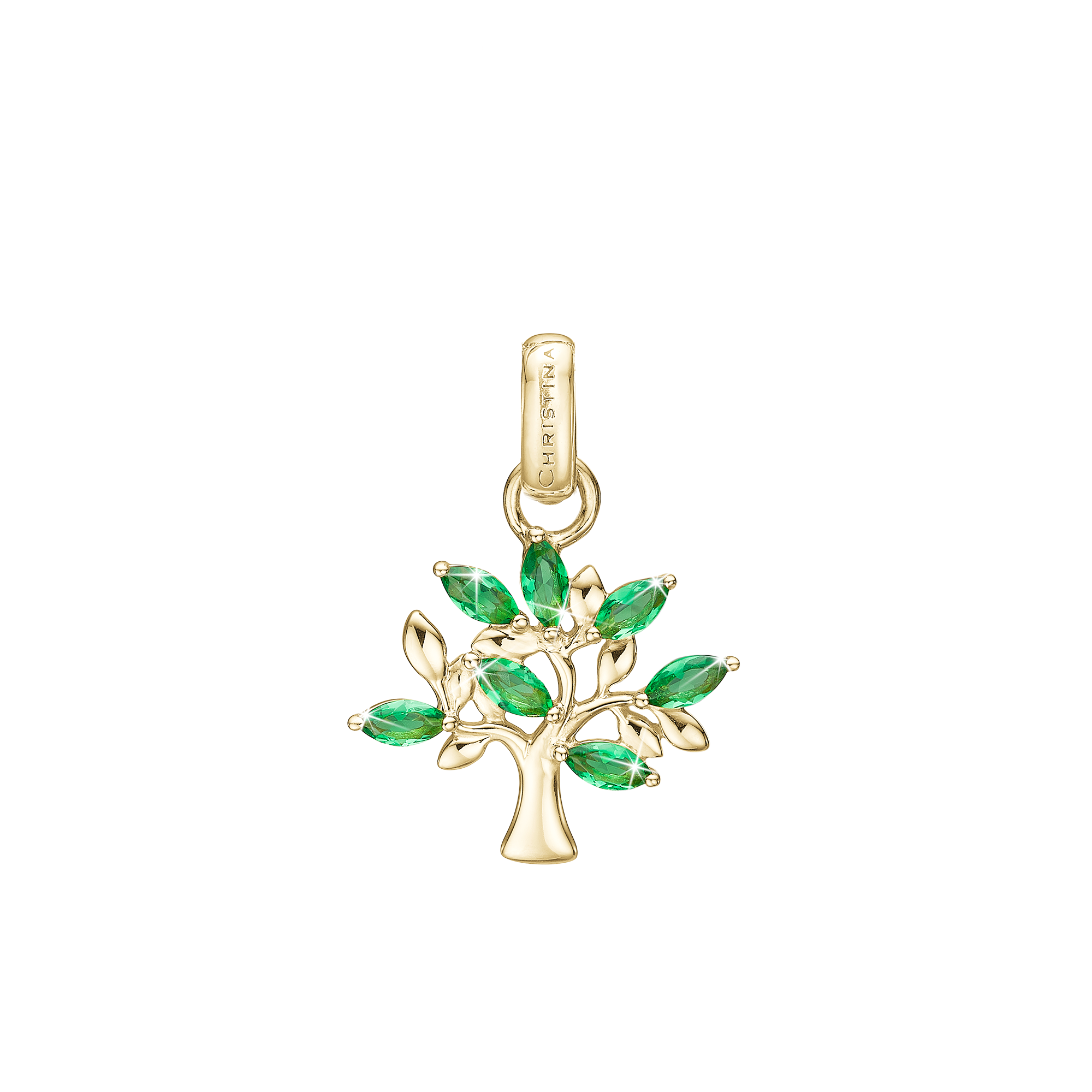 Green Family Tree Earring Pendant - Gold Plated Sterling Silver with 7 Greenne Cubic Zirkonia