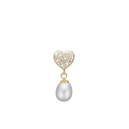 Sparkling Heart Earring Pendant - Gold Plated Sterling Silver with 14 white Cubic Zirkonia og 1 Ferskvandsperle
