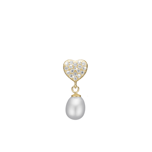 Sparkling Heart Earring Pendant - Gold Plated Sterling Silver with 14 white Cubic Zirkonia og 1 Ferskvandsperle
