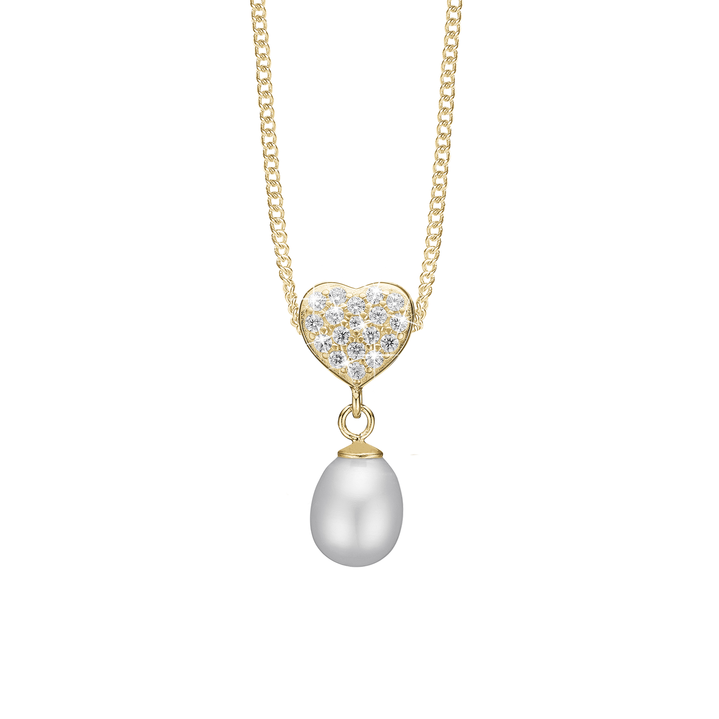 Sparkling Heart Earring Pendant - Gold Plated Sterling Silver with 14 white Cubic Zirkonia og 1 Ferskvandsperle