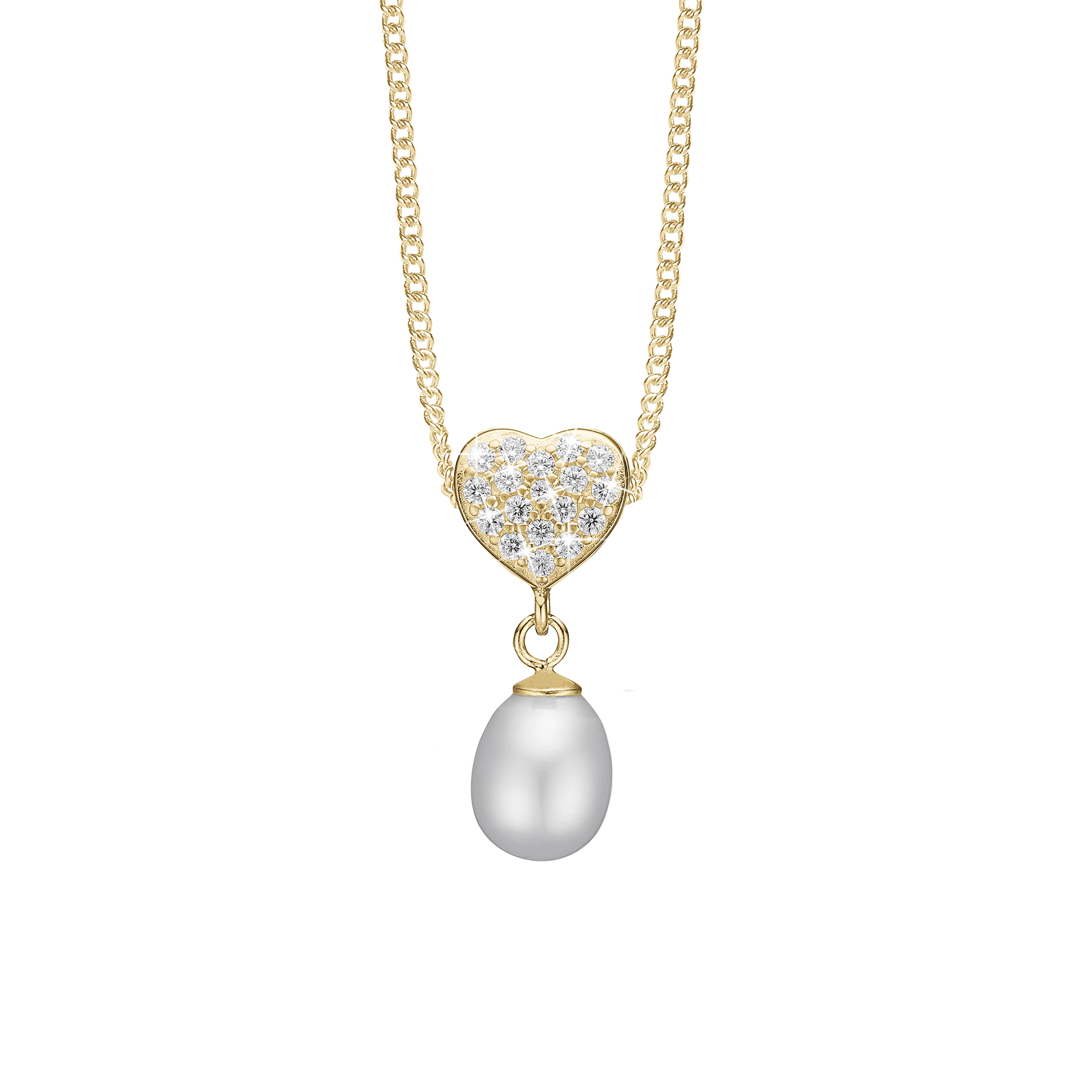 Sparkling Heart Pendant - Gold Plated Sterling Silver with 14 white Cubic Zirkonia og 1 Freshwater Pearls