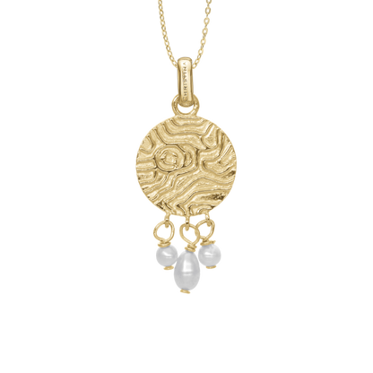 Dazzling imprint Earring Pendant - Polished Gold Plated Sterling Silver with 3 white Ferskvandsperler