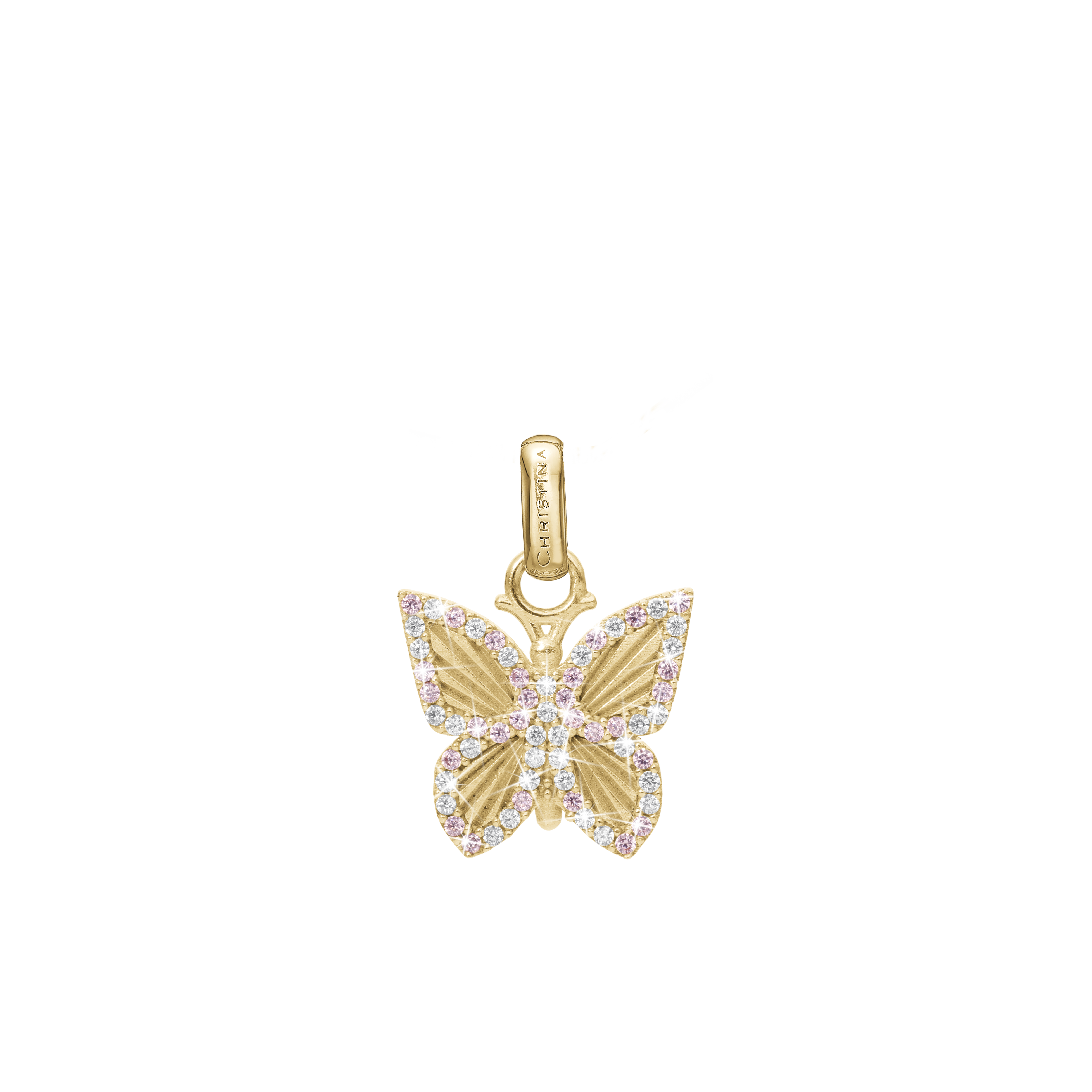 Pretty Butterfly Earring Pendant - Polished Gold Plated Sterling Silver with 32 Pinke Cubic Zirkonia