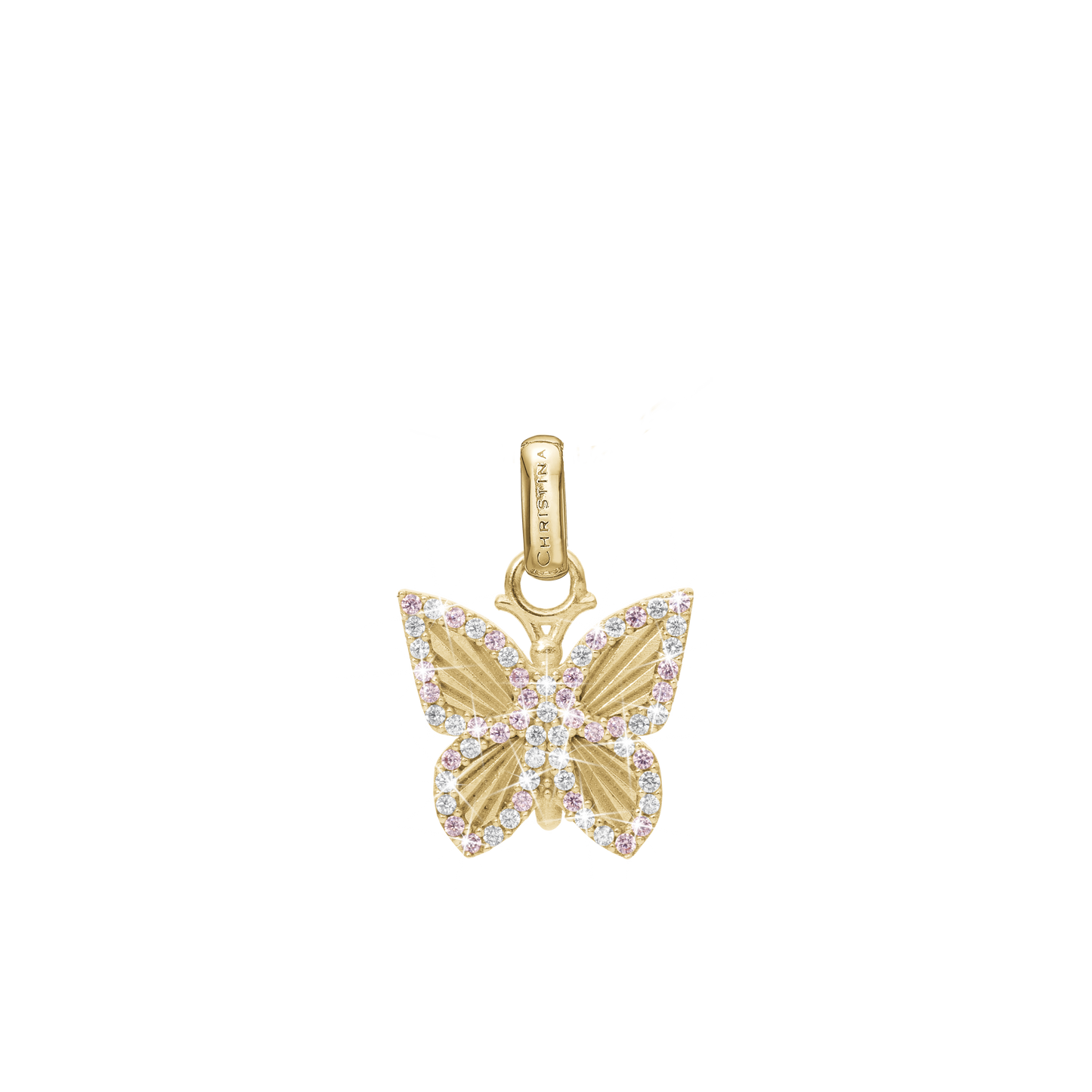 Pretty Butterfly Earring Pendant - Polished Gold Plated Sterling Silver with 32 Pinke Cubic Zirkonia