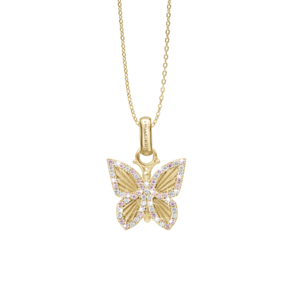 Pretty Butterfly Earring Pendant - Polished Gold Plated Sterling Silver with 32 Pinke Cubic Zirkonia