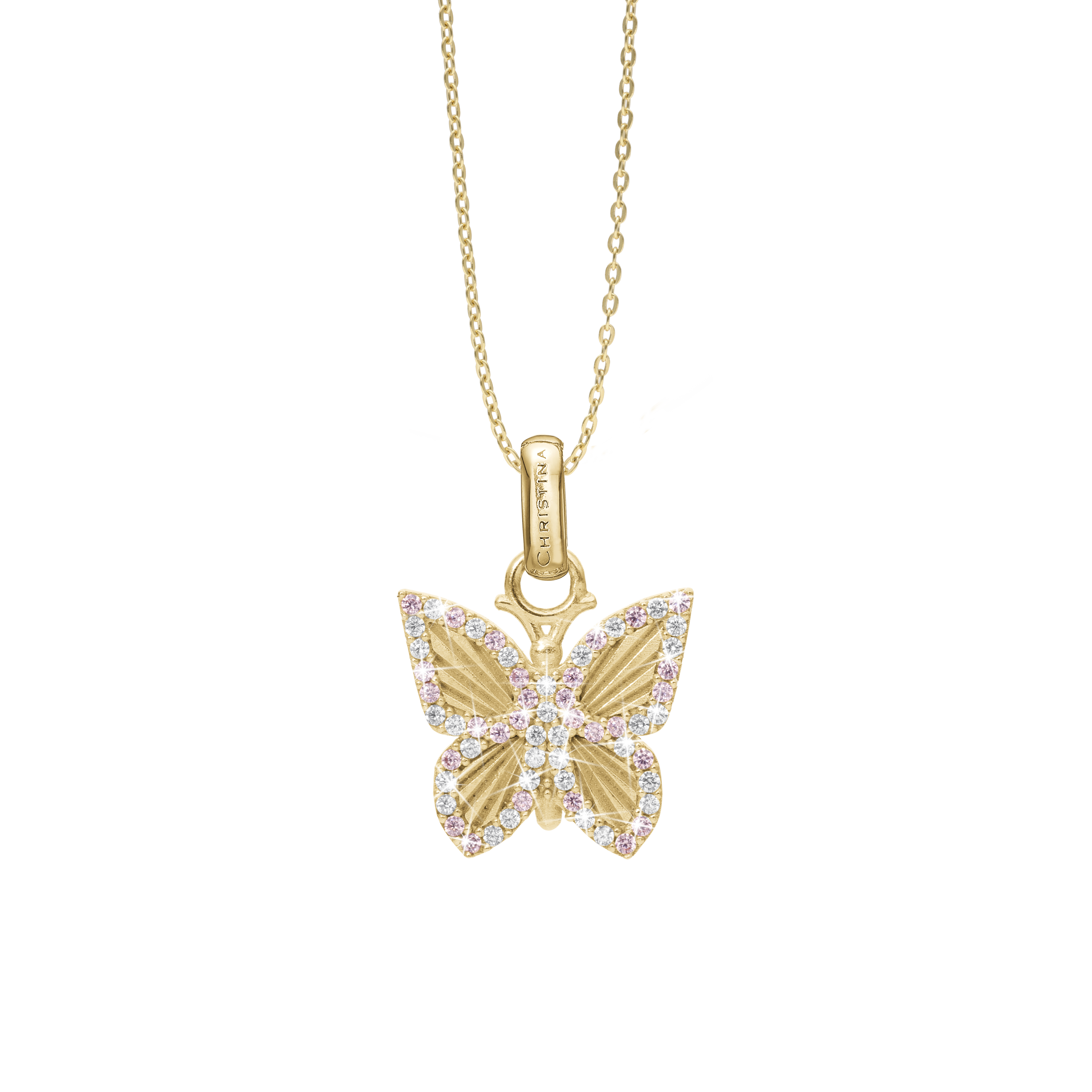 Pretty Butterfly Earring Pendant - Polished Gold Plated Sterling Silver with 32 Pinke Cubic Zirkonia