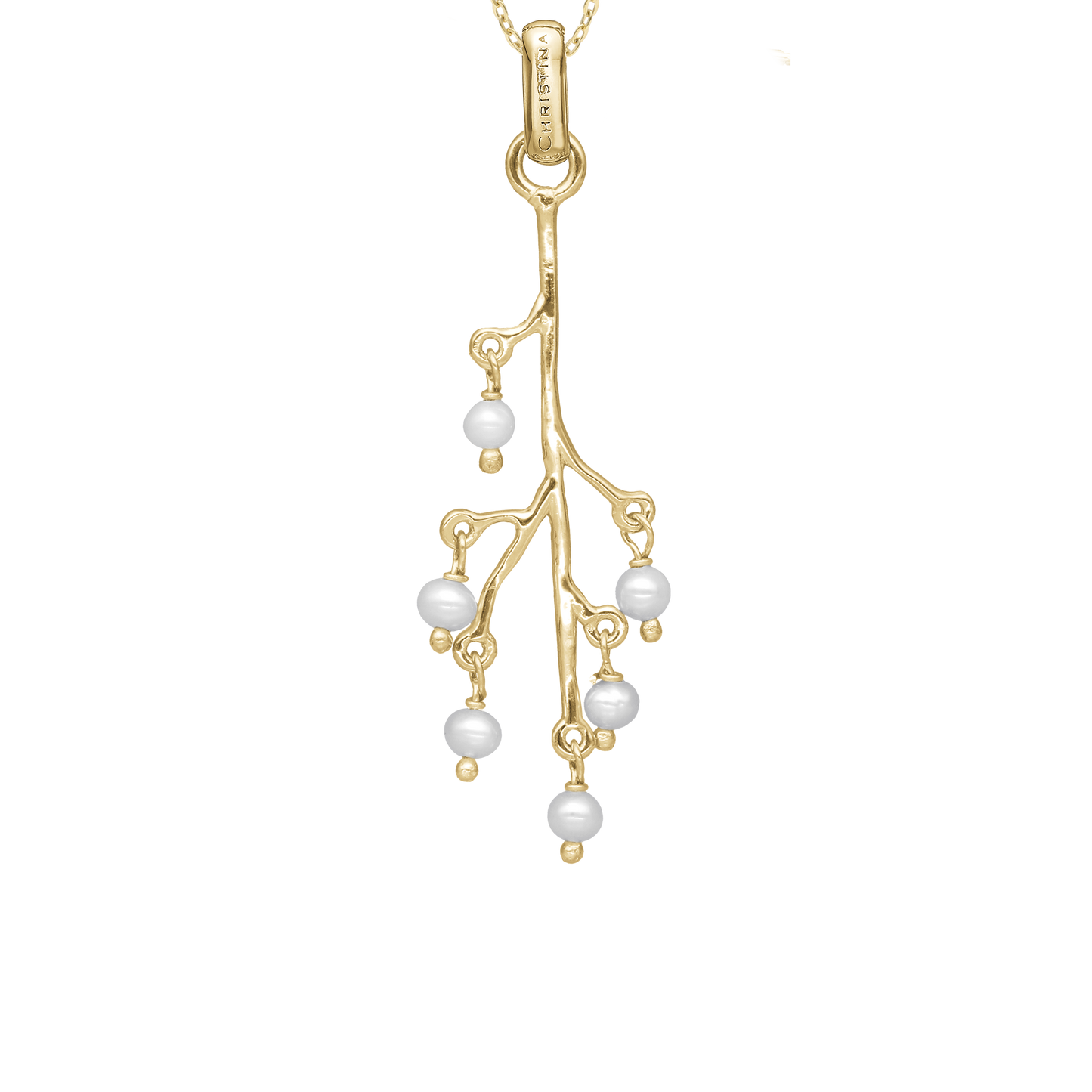 Cherry Tree Earring Pendant - Polished Gold Plated Sterling Silver with 6 Ferskvandsperler