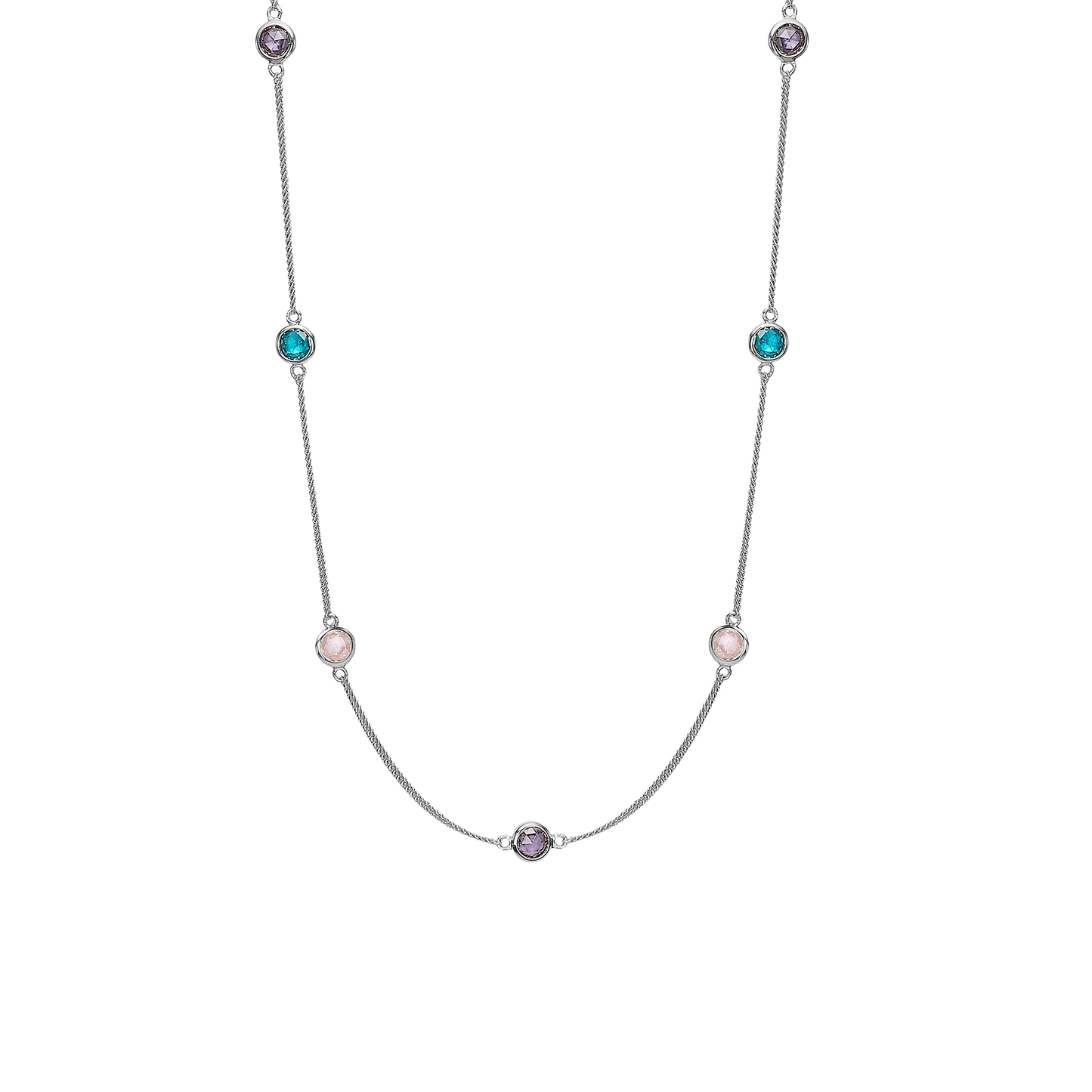 Colourful Champagne Necklace - Polished Sterling Silver with 7 Multi color Cubic Zirkonia