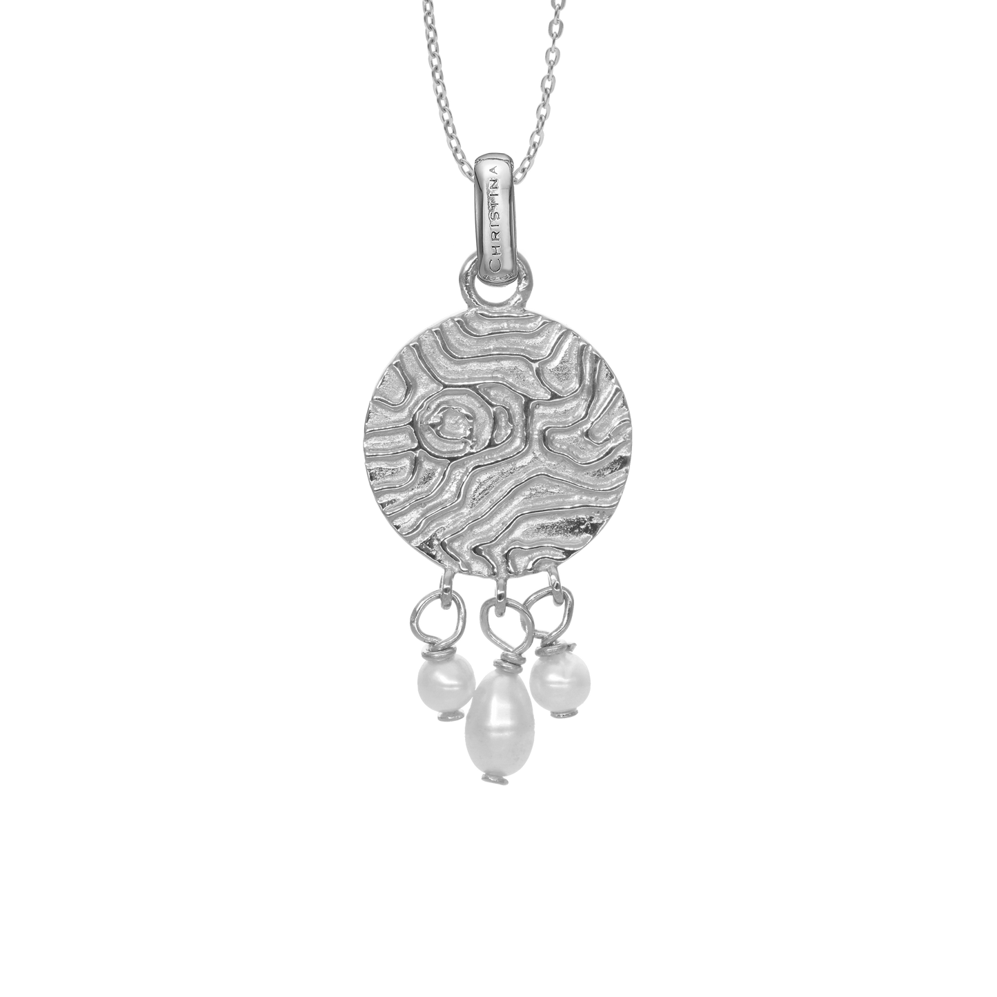 Dazzling imprint Earring Pendant - Polished Sterling Silver with 3 white Ferskvandsperler