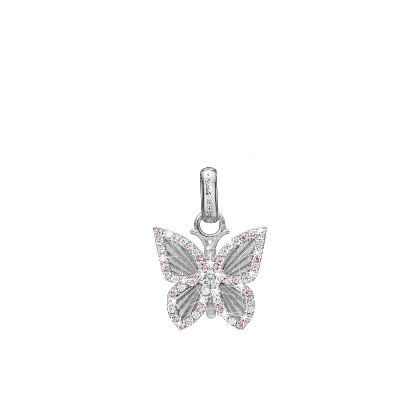 Pretty Butterfly Earring Pendant - Polished Sterling Silver with 32 Pinke Cubic Zirkonia