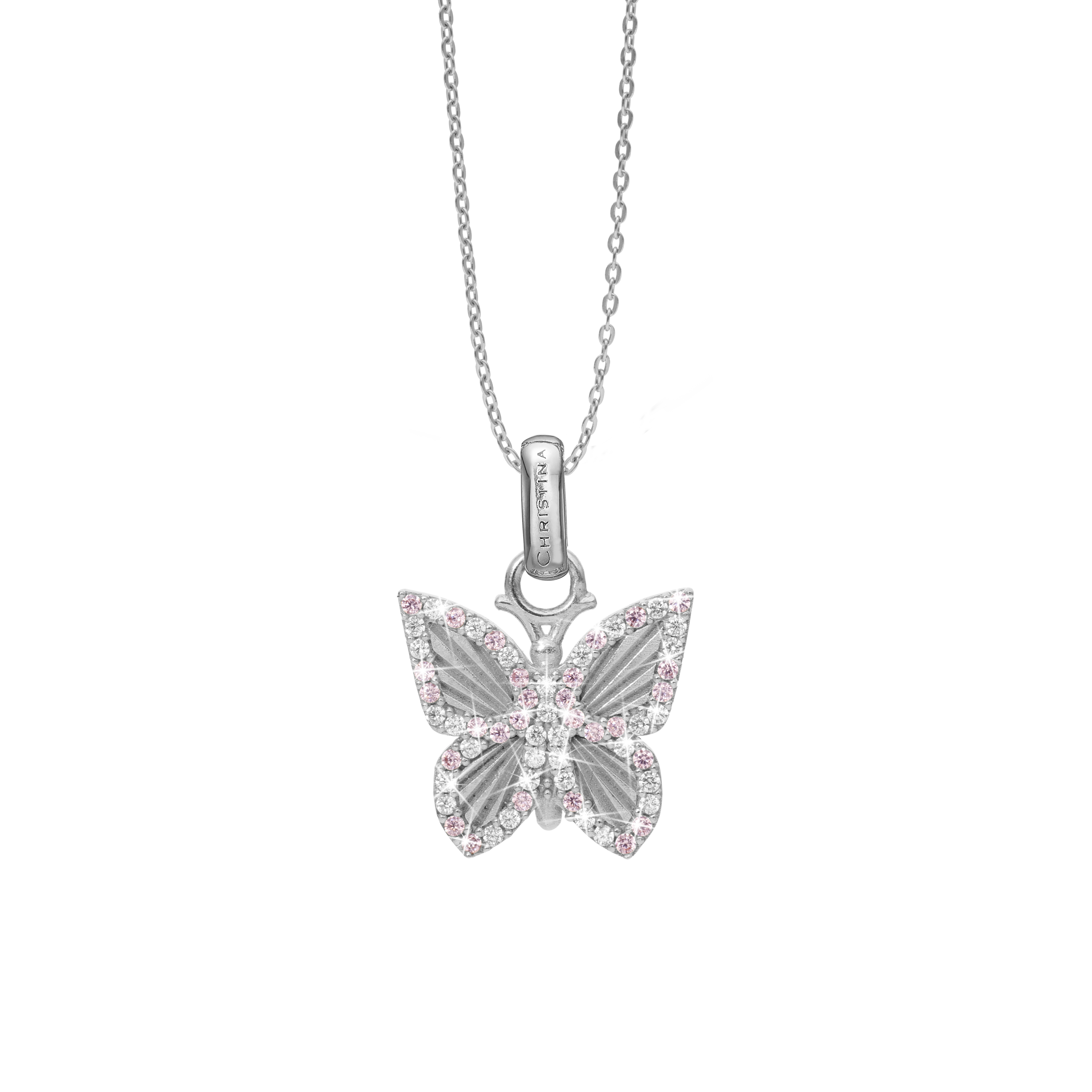 Pretty Butterfly Earring Pendant - Polished Sterling Silver with 32 Pinke Cubic Zirkonia