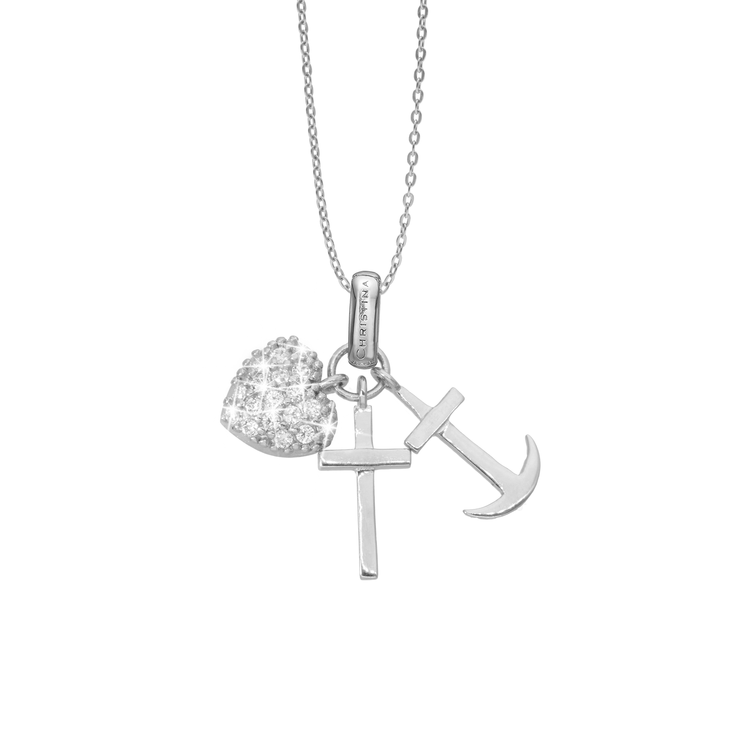 Faith Hope and Love Earring Pendant - Polished Sterling Silver with 32 white Cubic Zirkonia