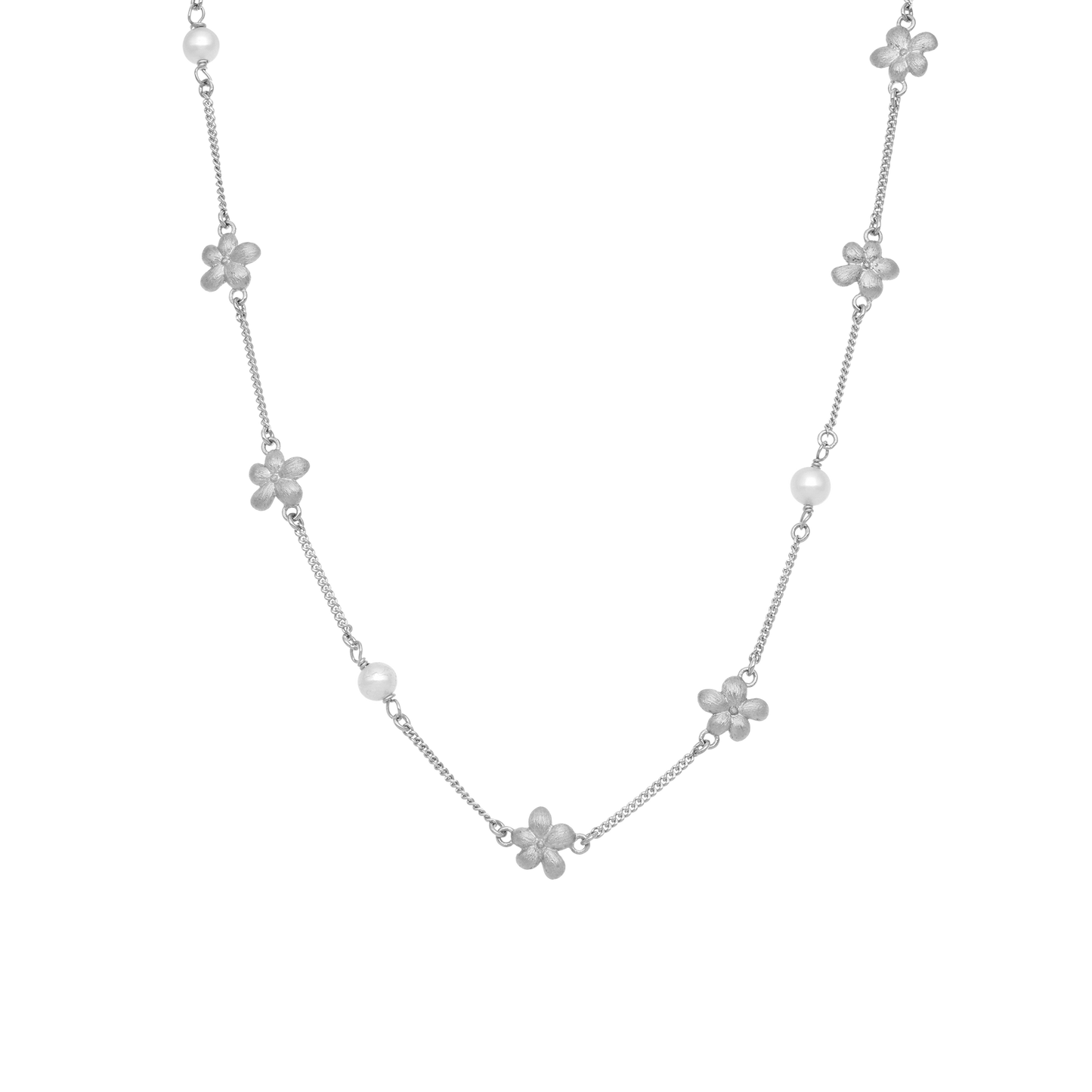 Graceful Flowers Necklace - Matte Sterling Silver with 3 white Ferskvandsperler