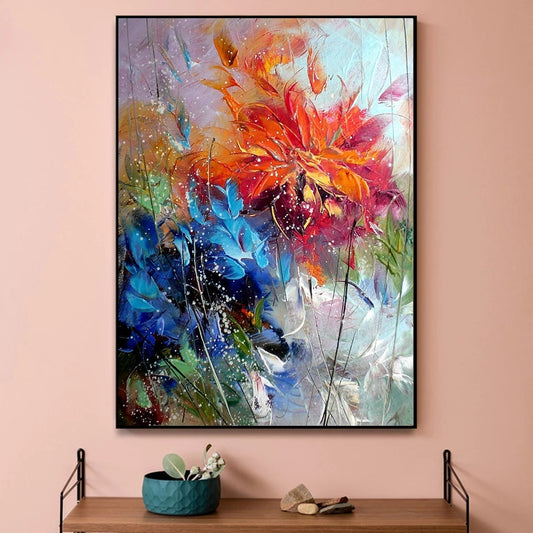 Abstraktes Aquarell-Leinwandbild mit blau-orangenen Blumen – Wandposter und Kunstdrucke zur Dekoration von Wohnräumen