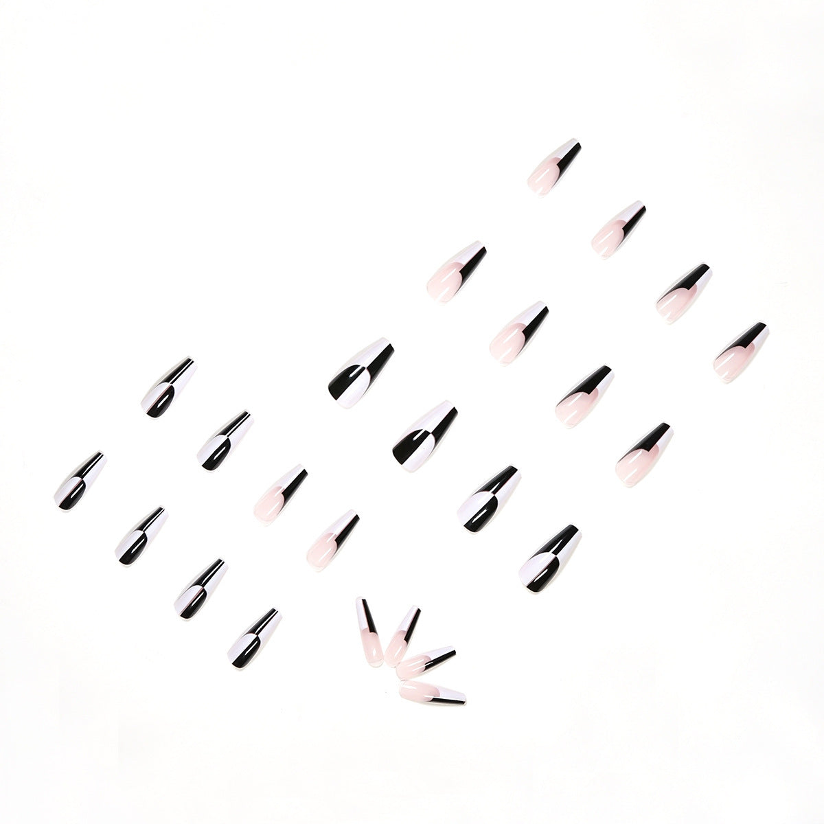 Einfache, schwarz-weiße, farblich abgestimmte lange Fingernägel mit abnehmbaren Nagelspitzen