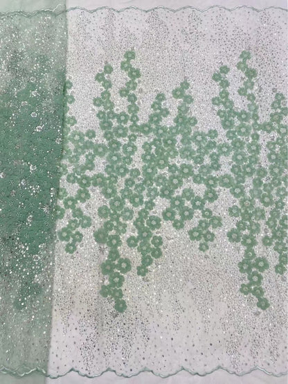 Besticktes Netzgewebe, dreidimensionales modernes Kleid, perlenbesetzter Hochzeitsstoff