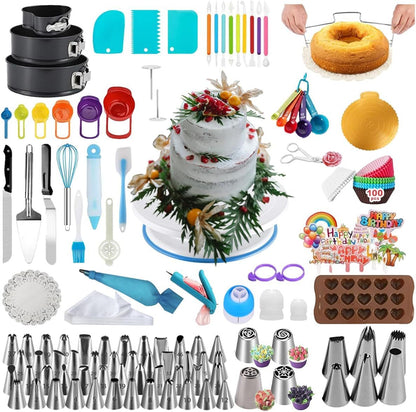 398PCS Cake Decorating Supplies Kit, Baking Tools Set For Cakes -3 Packs Springform Cake Pans Cake Rotating Turntable 48 Numbered Piping Icing Tips 4 Russian Nozzles 9 Fondant Tools For Beginners