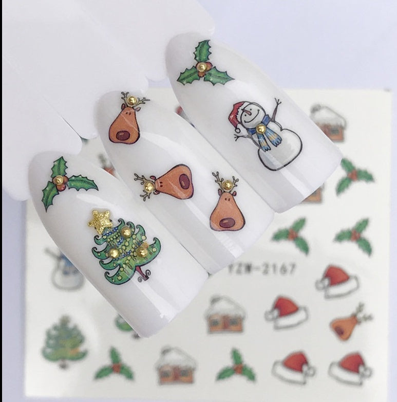 Nagelsticker mit rotem Schneeflocken-Hirsch-Schneemann-Motiv