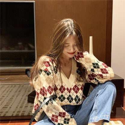 V-neck retro diamond plaid loose pullover core-spun yarn sweater women