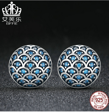 New S925 Sterling Silver Wave Pattern Earrings Inlaid With Blue Crystal Earrings Korean Version Of Silver Jewelry