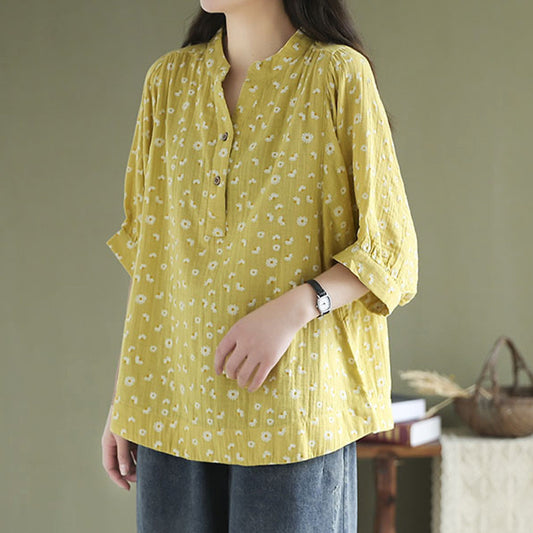 Damen Kurzarmhemd aus Baumwolle mit Garnprint und Stehkragen