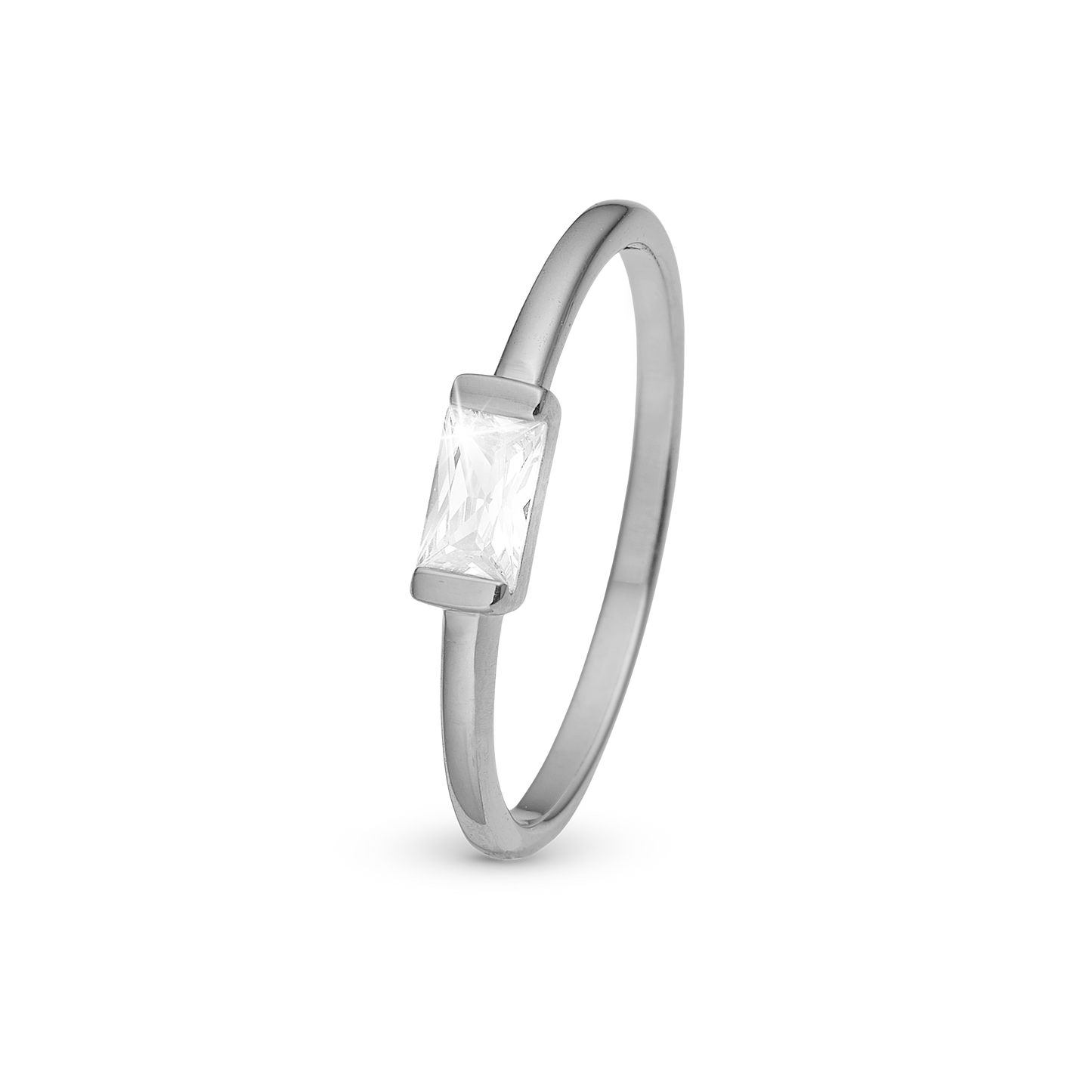 White single Baguette Ring - Polished Sterling Silver with 1 Cubic Zirkonia