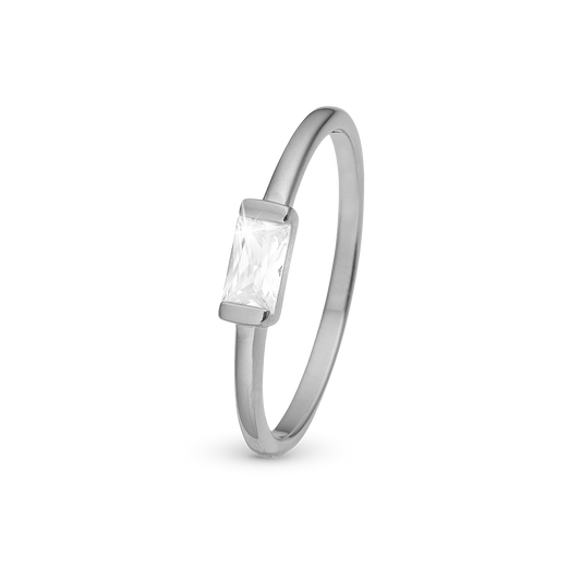 White single Baguette Ring - Polished Sterling Silver with 1 Cubic Zirkonia