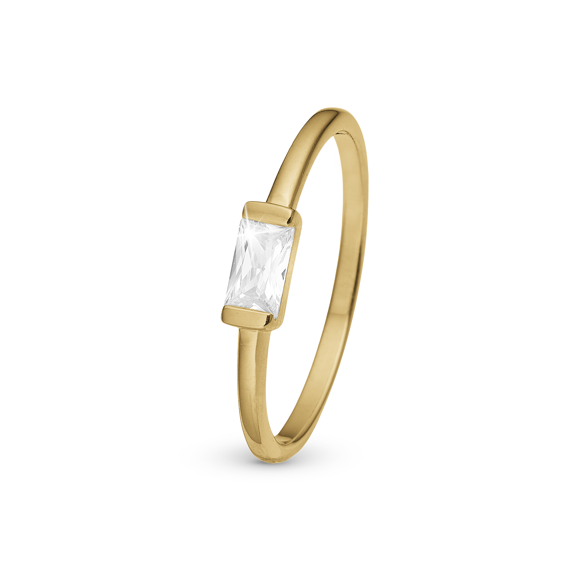 White single Baguette Ring - Polished Gold Plated Sterling Silver with 1 Cubic Zirkonia