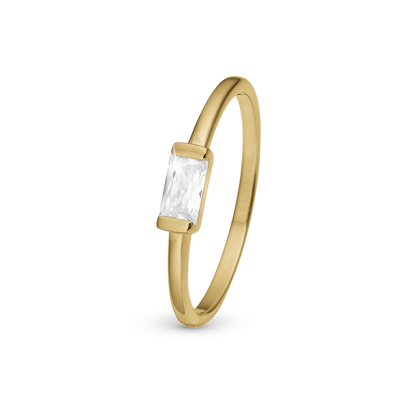 White single Baguette Ring - Polished Gold Plated Sterling Silver with 1 Cubic Zirkonia