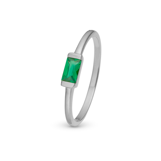 Green single Baguette Ring - Polished Sterling Silver with 1 Cubic Zirkonia