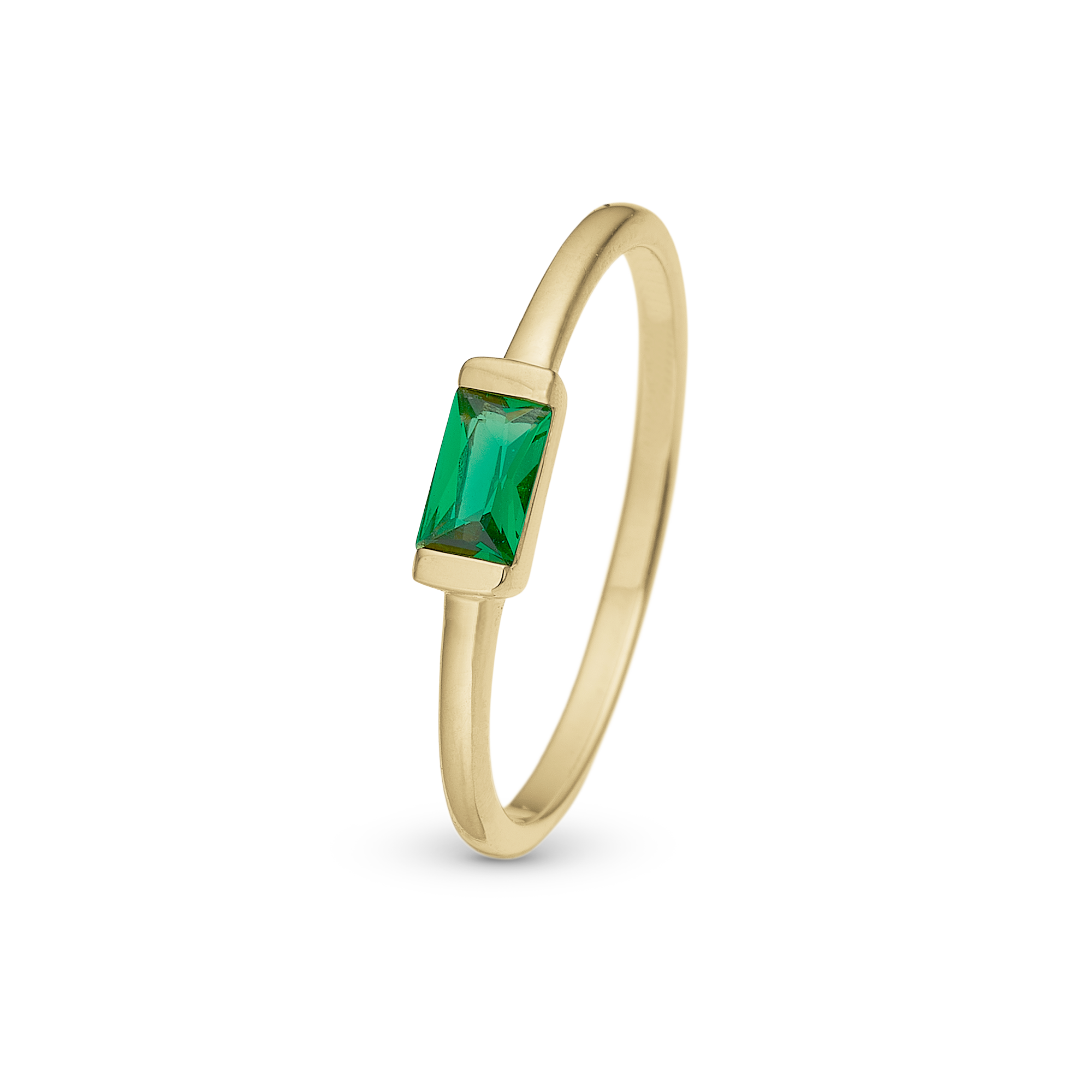 Green single Baguette Ring - Polished Gold Plated Sterling Silver with 1 Cubic Zirkonia