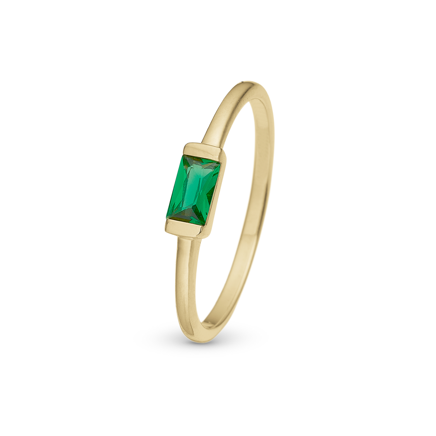 Green single Baguette Ring - Polished Gold Plated Sterling Silver with 1 Cubic Zirkonia