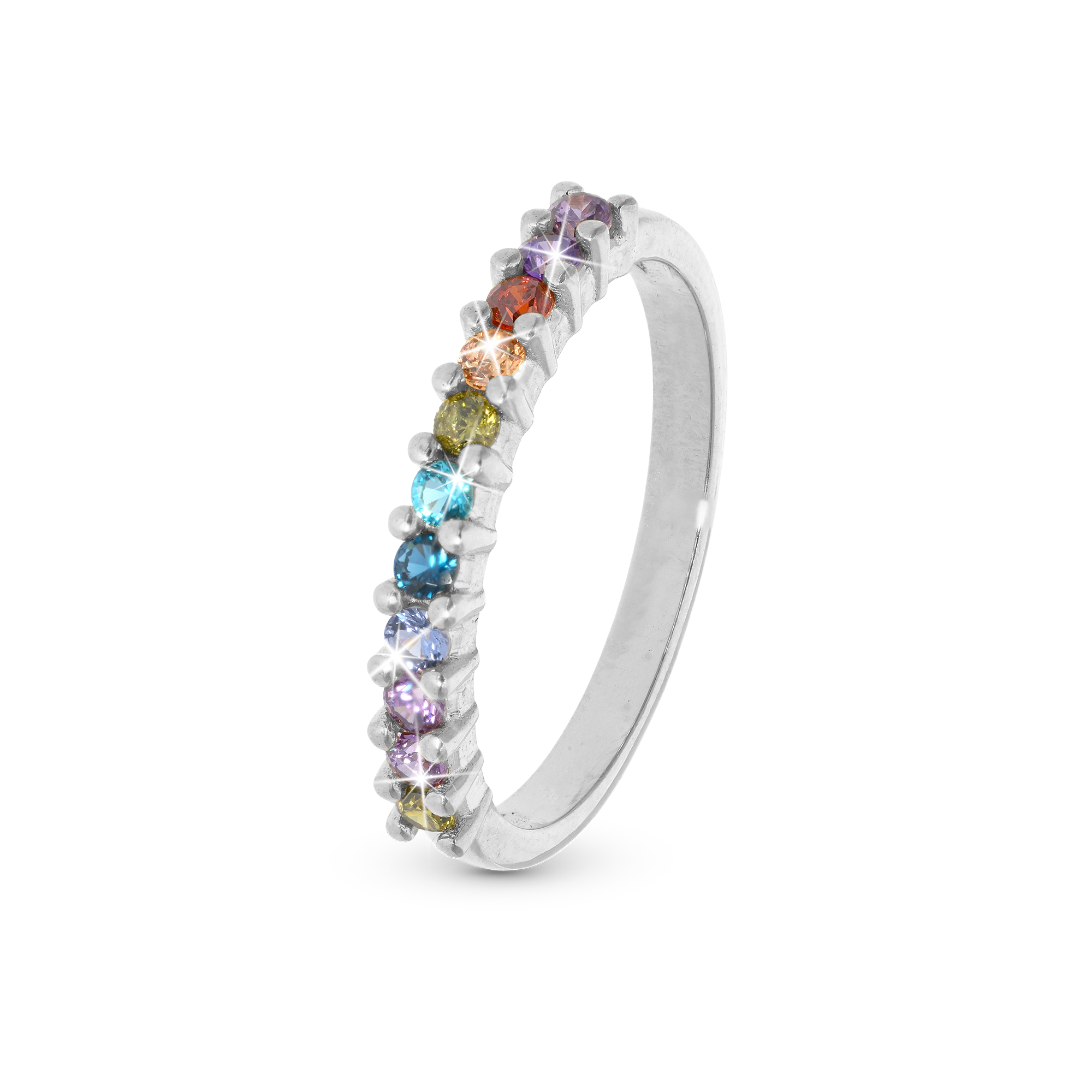 Rainbow Ring - Polished Sterling Silver with 11 Multi color Cubic Zirkonia