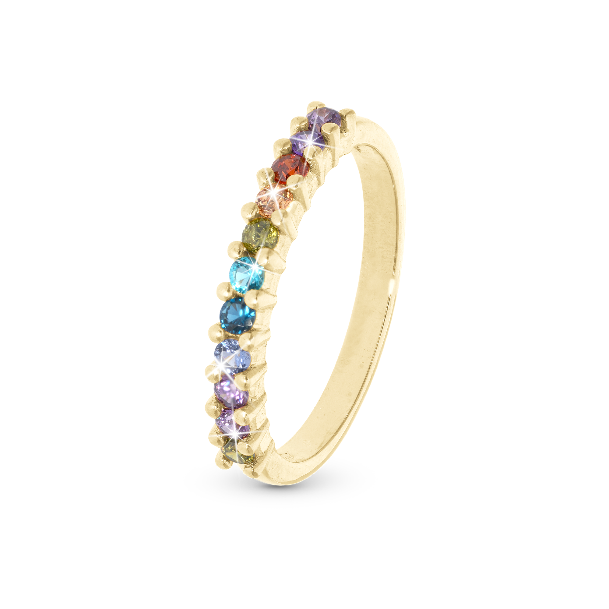 Rainbow Ring - Polished Gold Plated Sterling Silver with 11 Multi color Cubic Zirkonia