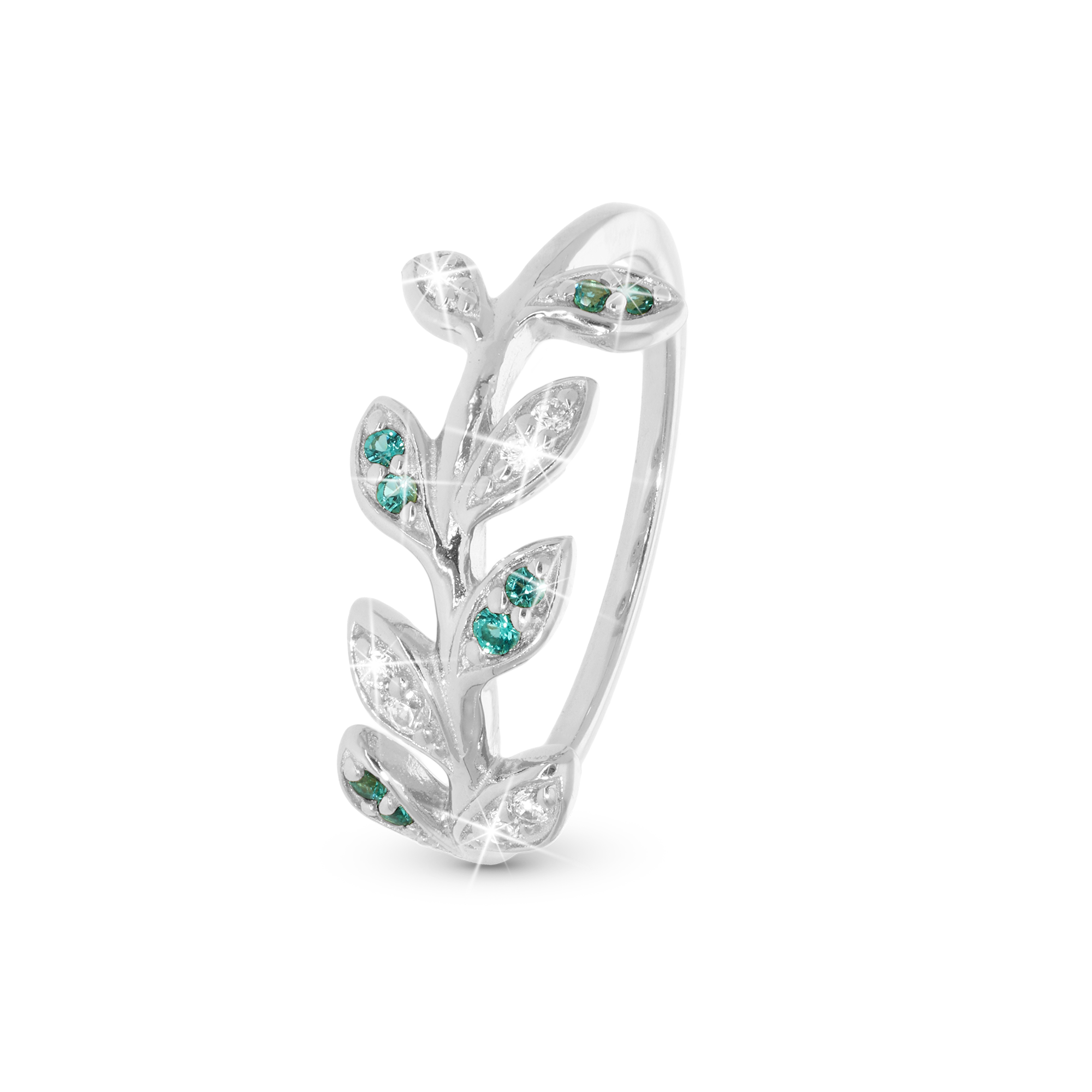 ColoWatchful Leaves Ring - Polished Sterling Silver with 7 white Cubic Zirkonia