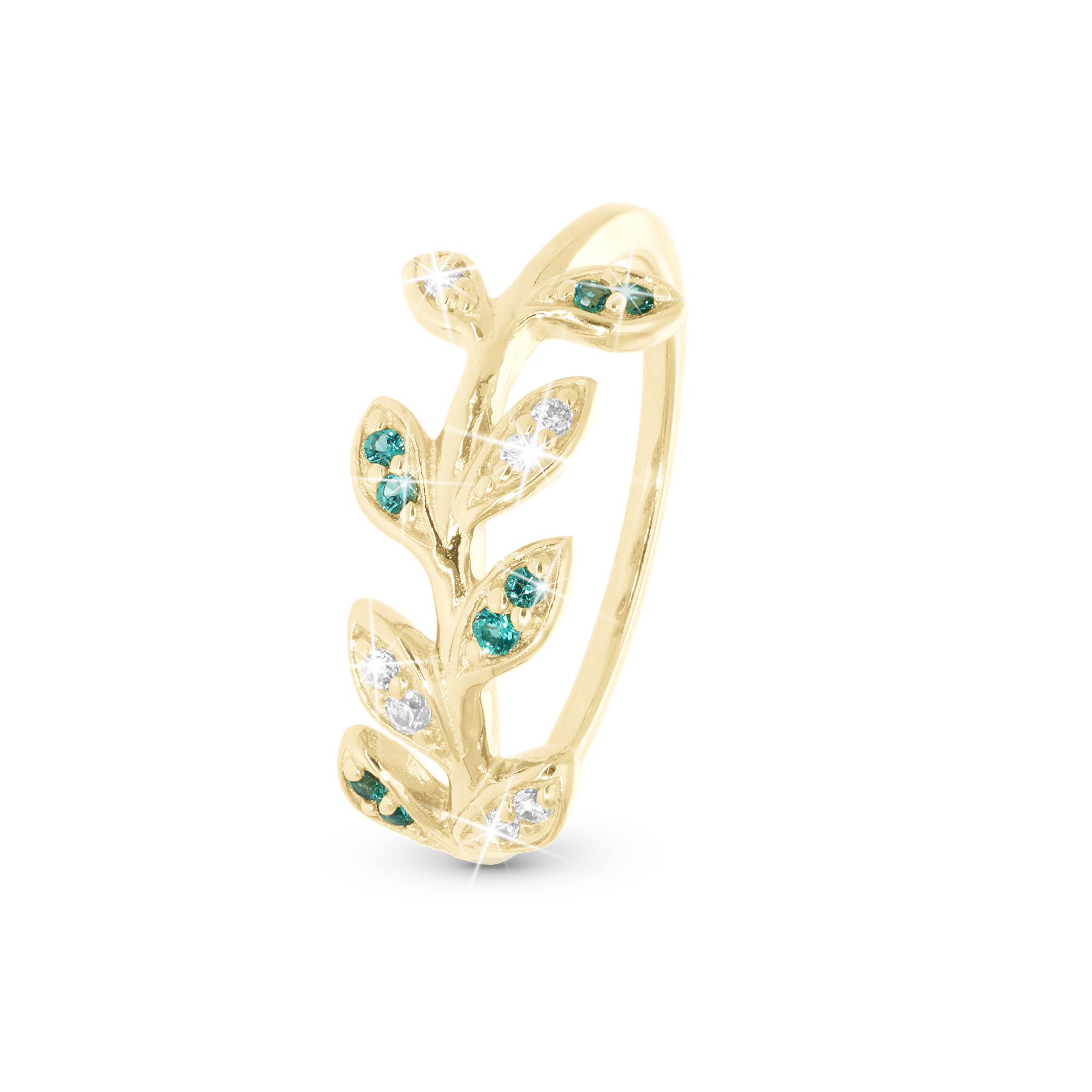 ColoWatchful Leaves Ring - Polished Gold Plated Sterling Silver with 7 white Cubic Zirkonia