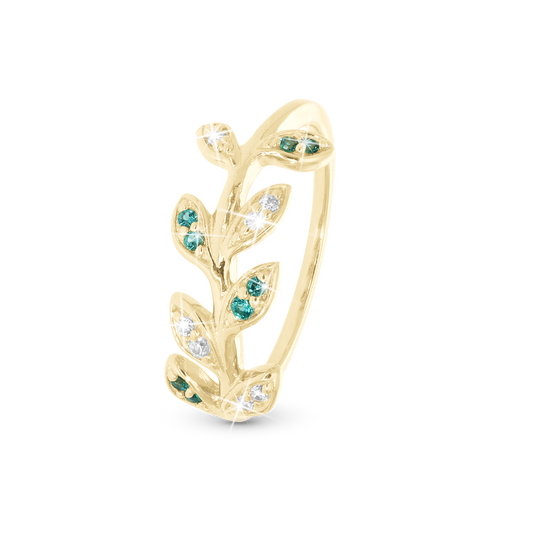 ColoWatchful Leaves Ring - Polished Gold Plated Sterling Silver with 7 white Cubic Zirkonia