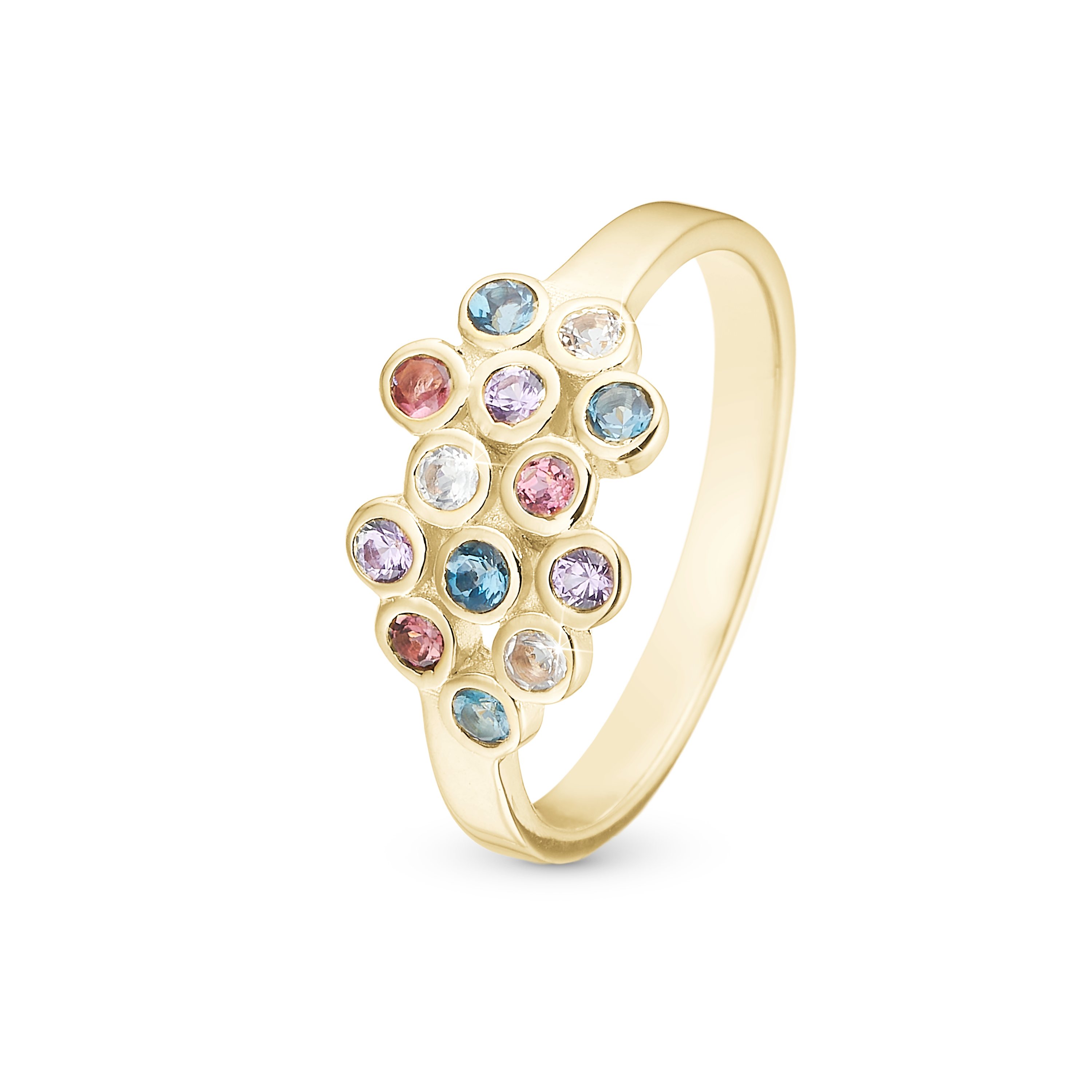 Colourful Champagne Ring - Polished Gold Plated Sterling Silver with 13 Multi color Multi stone