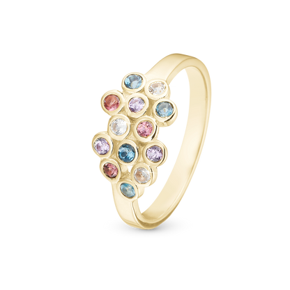 Colourful Champagne Ring - Polished Gold Plated Sterling Silver with 13 Multi color Multi stone