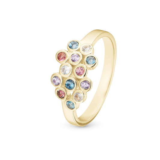 Colourful Champagne Ring - Polished Gold Plated Sterling Silver with 13 Multi color Multi stone