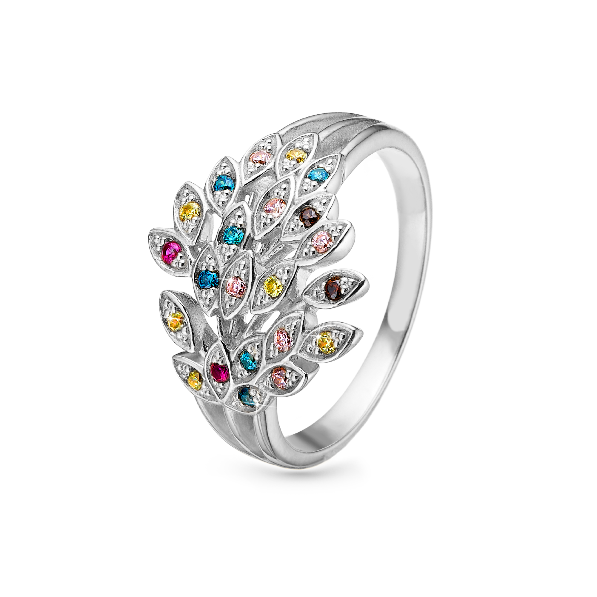 Peacock Ring - Polished Sterling Silver with 22 Multi color Cubic Zirkonia
