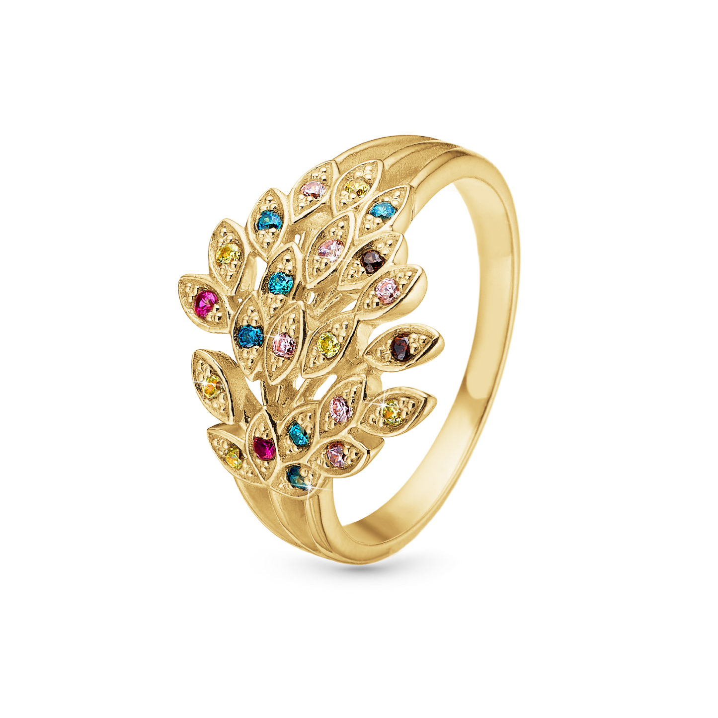 Peacock Ring - Polished Gold Plated Sterling Silver with 22 Multi color Cubic Zirkonia