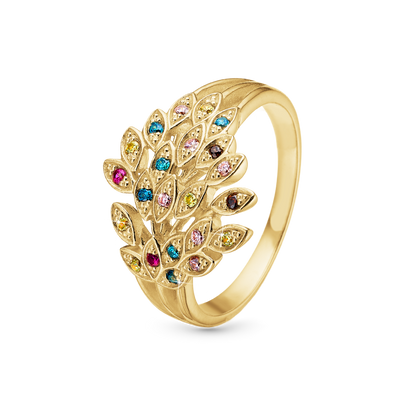 Peacock Ring - Polished Gold Plated Sterling Silver with 22 Multi color Cubic Zirkonia