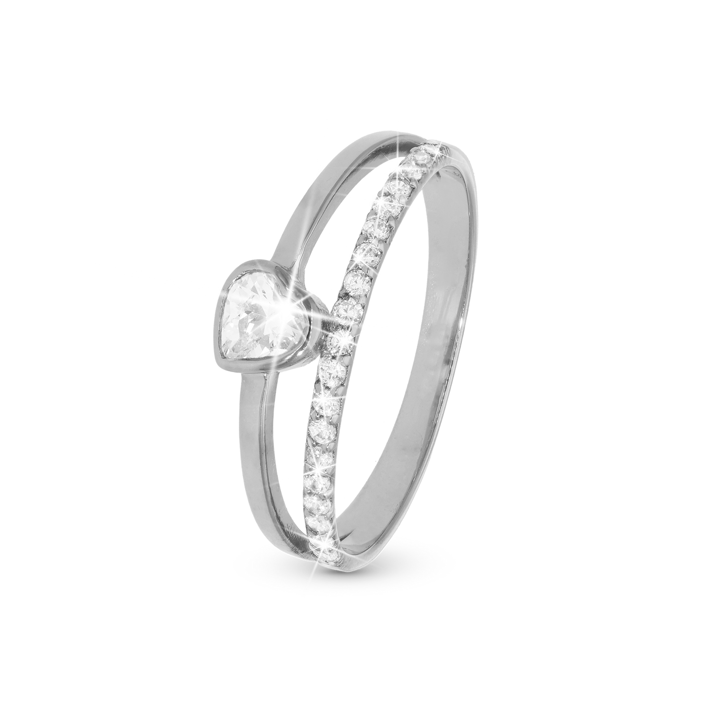 Sparkling Love Ring - Polished Sterling Silver with 20 white Cubic Zirkonia