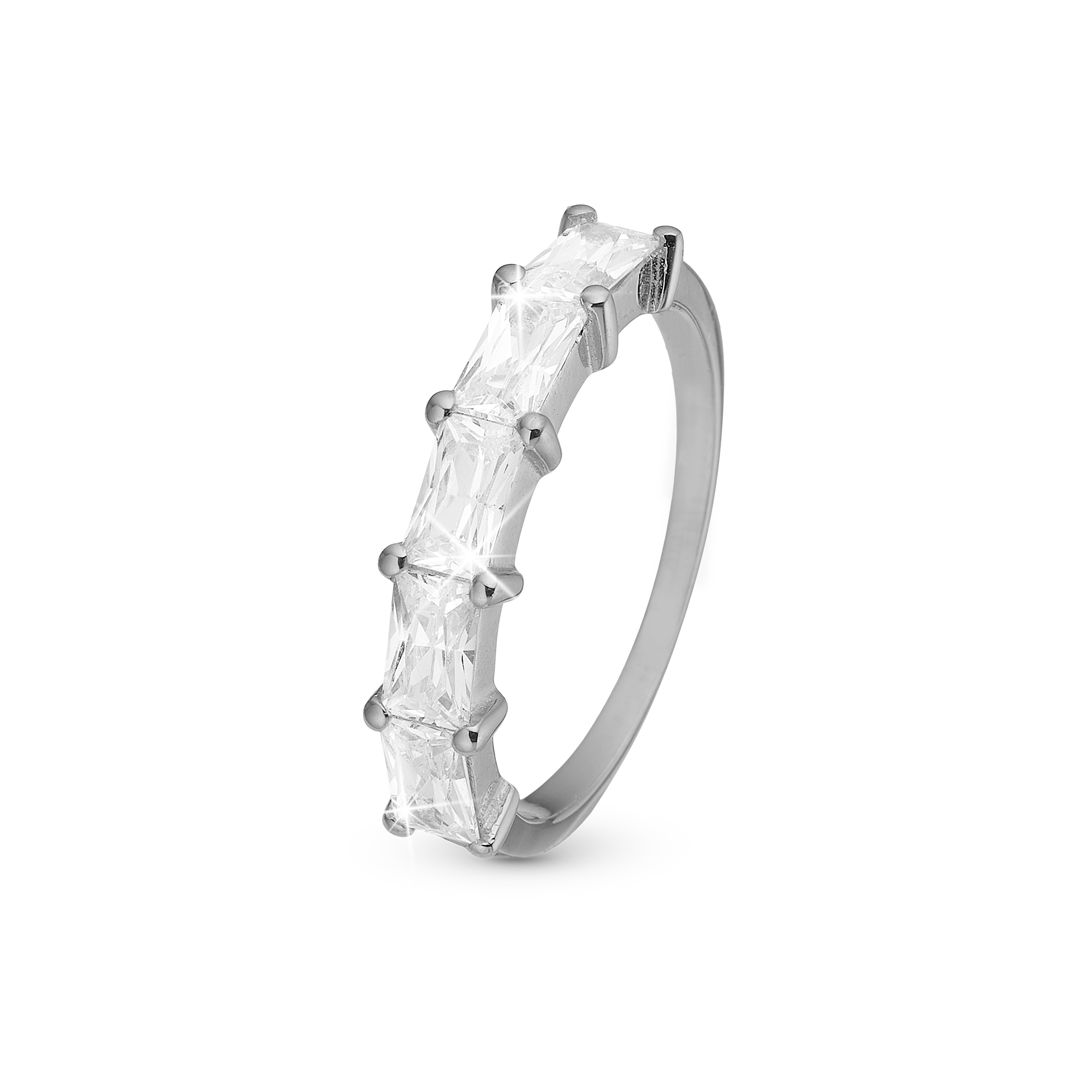 White Baguette Ring - Polished Sterling Silver with 5 white Cubic Zirkonia