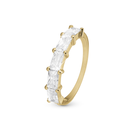 White Baguette Ring - Polished Gold Plated Sterling Silver with 5 white Cubic Zirkonia