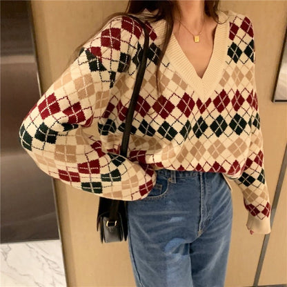 V-neck retro diamond plaid loose pullover core-spun yarn sweater women