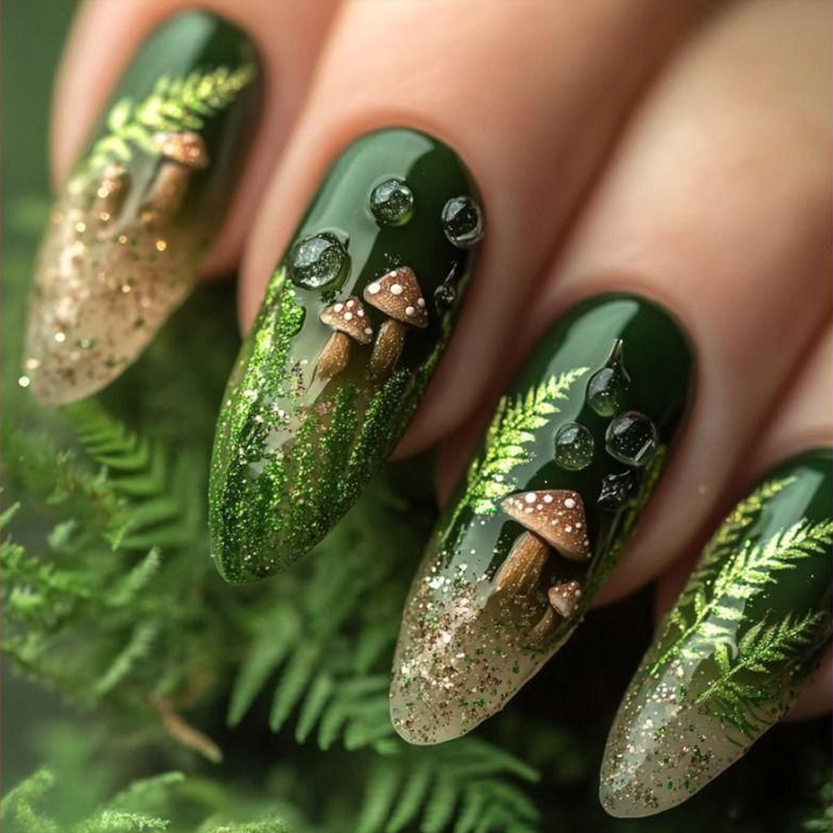 Green Deep Forest Mushroom European And American Wear Armor Nail Sticker Removable