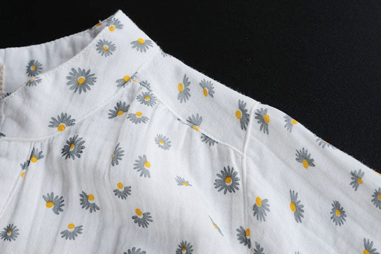 Women's Short Sleeve Cotton Yarn Print Stand Collar Shirt