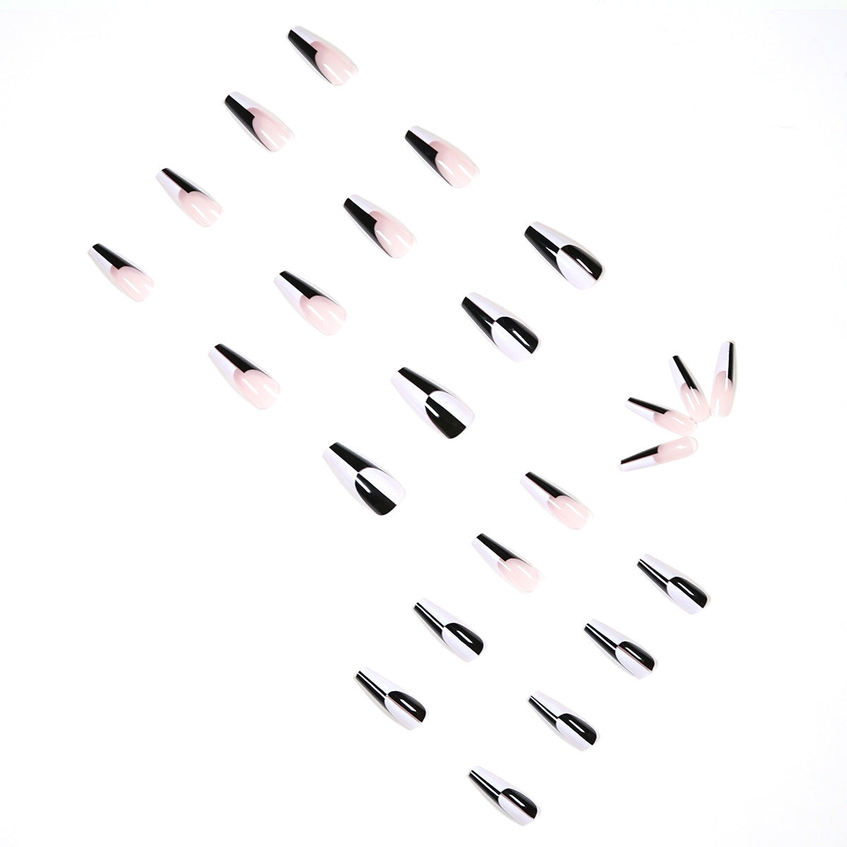 Einfache, schwarz-weiße, farblich abgestimmte lange Fingernägel mit abnehmbaren Nagelspitzen